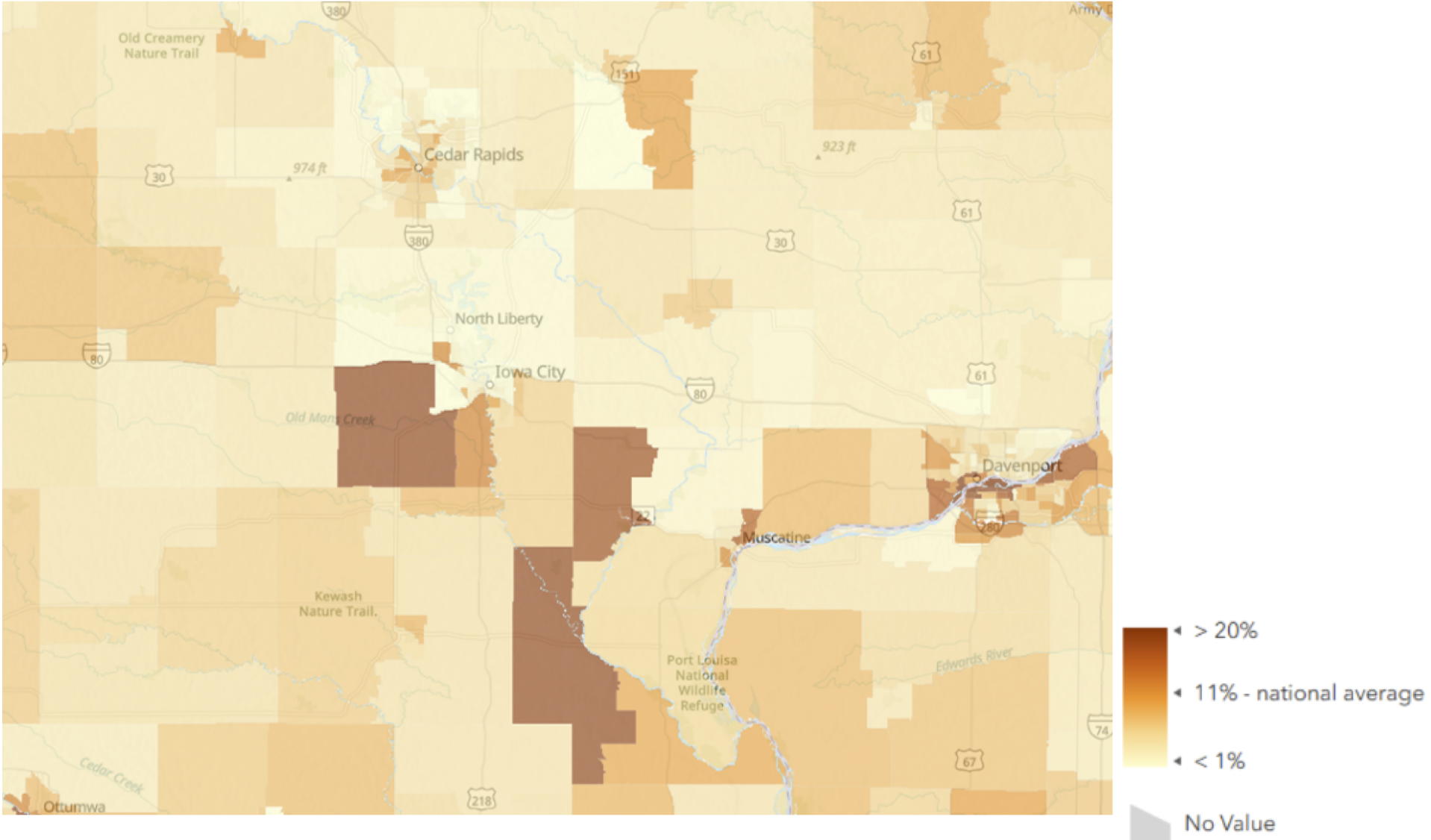 Figure 1 depicts areas with the proportion of adults ages 25+ who have less than high school education 
