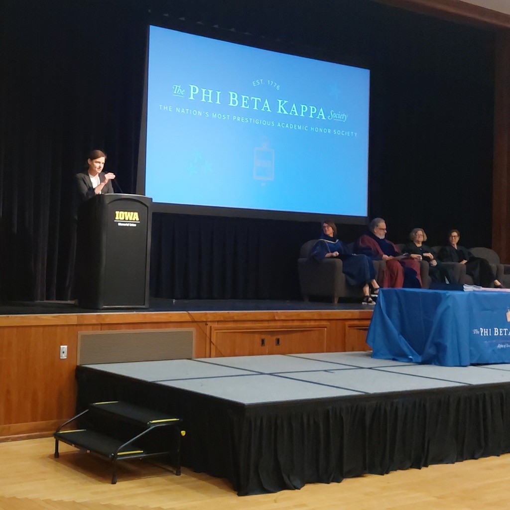 Michelle Voss speaks at University of Iowa Phi Beta Kappa honor society induction ceremony on April 27, 2025.