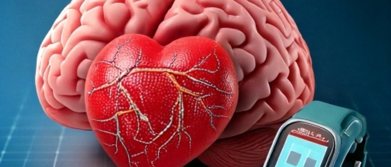 AI image of brain, heart and fitness tracking device