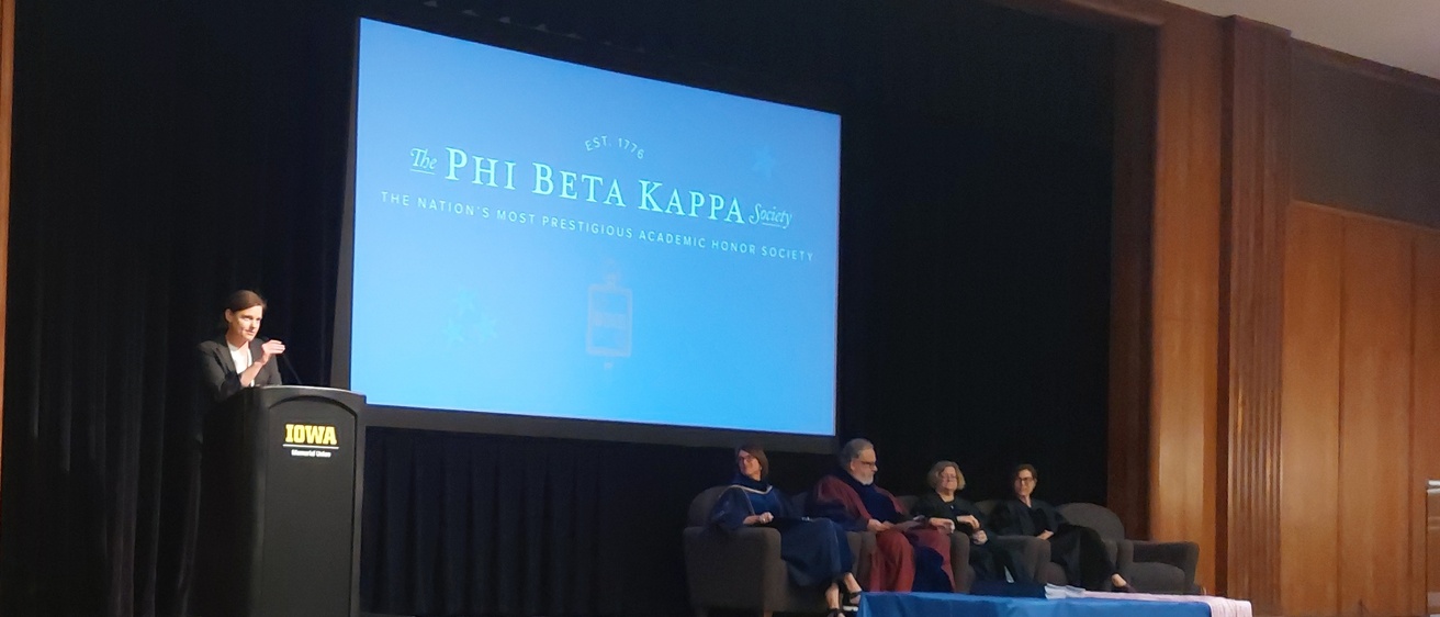 Michelle Voss speaks at University of Iowa Phi Beta Kappa honor society induction ceremony on April 27, 2025.