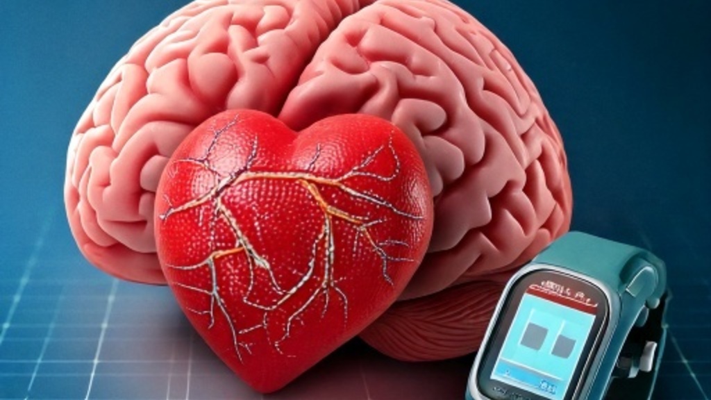 AI image of brain, heart and fitness tracking device