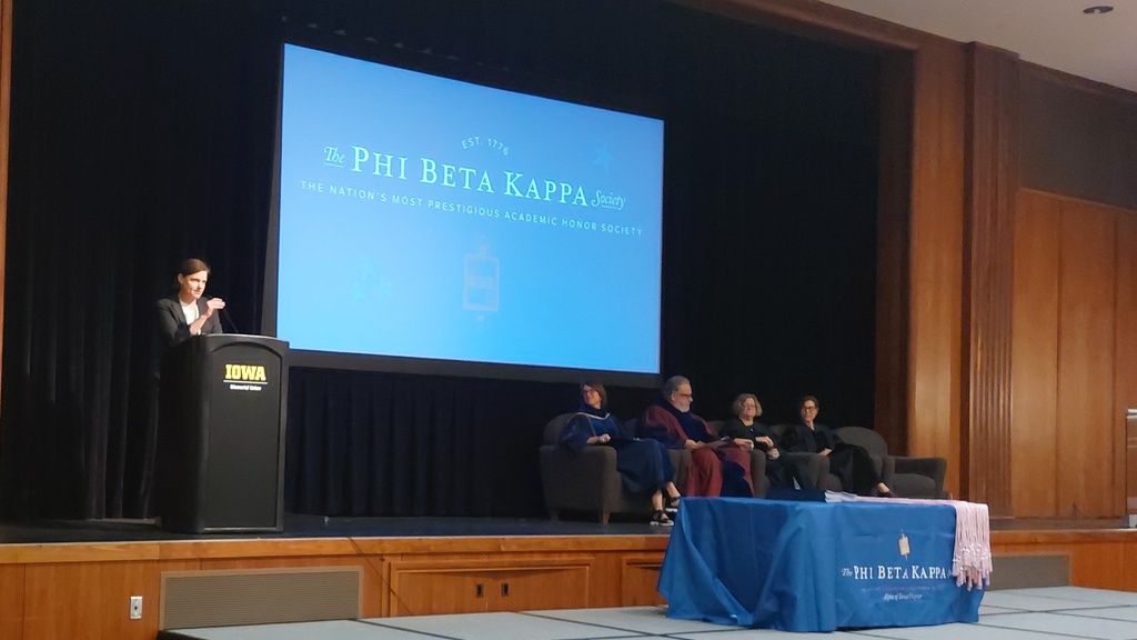 Michelle Voss speaks at University of Iowa Phi Beta Kappa honor society induction ceremony on April 27, 2025.